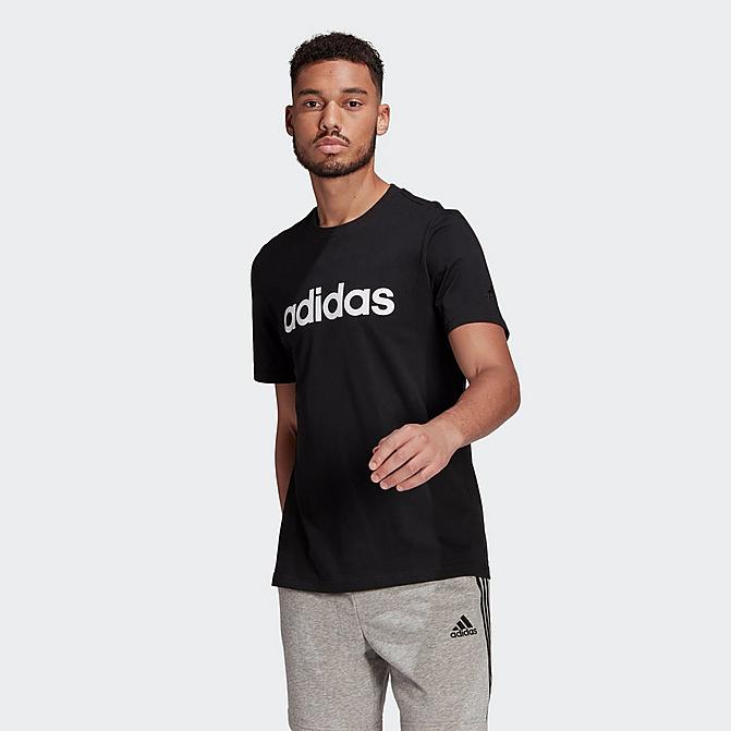 Front view of Men's adidas Essentials Linear Embroidered Logo T-Shirt in Black Click to zoom