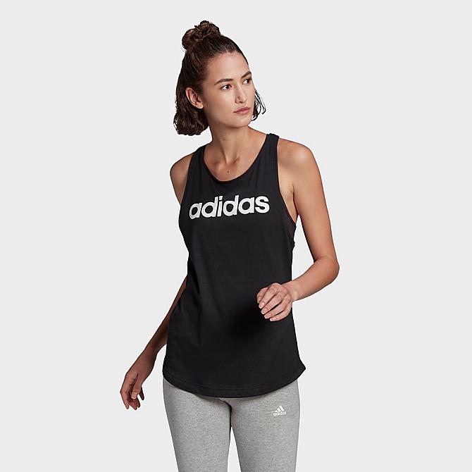 Back Left view of Women's adidas LOUNGEWEAR Essentials Logo Loose Tank in Black/White Click to zoom