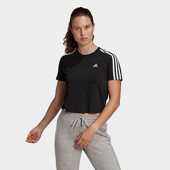 Front view of Women's adidas Essentials 3-Stripes Loose Cropped T-Shirt in Black/White Click to zoom