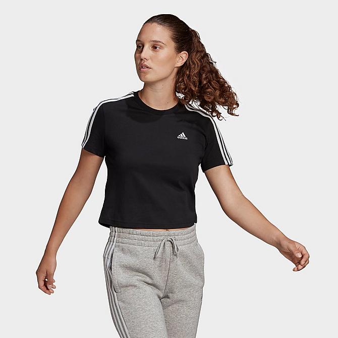 Front Three Quarter view of Women's adidas Essentials 3-Stripes Loose Cropped T-Shirt in Black/White Click to zoom