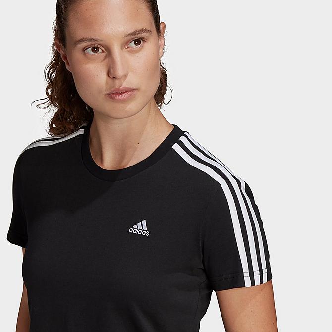Back Right view of Women's adidas Essentials 3-Stripes Loose Cropped T-Shirt in Black/White Click to zoom