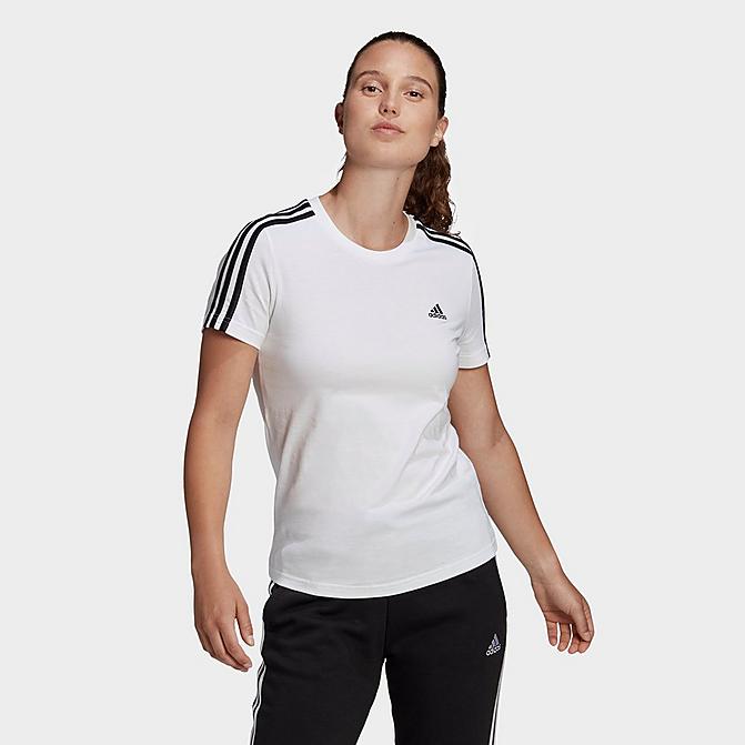 Front view of Women's adidas Essentials Slim 3-Stripes T-Shirt in White/Black Click to zoom