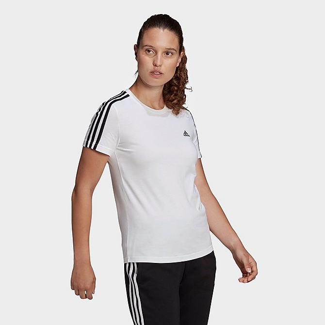 Front Three Quarter view of Women's adidas Essentials Slim 3-Stripes T-Shirt in White/Black Click to zoom