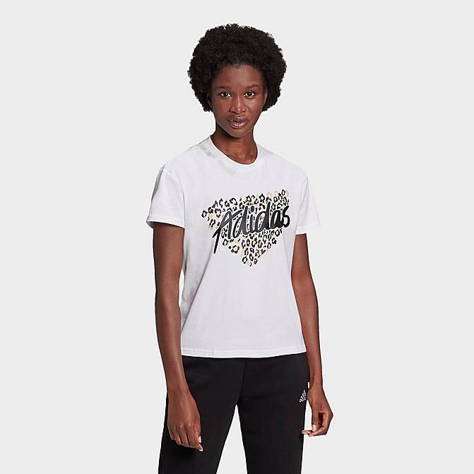 Front view of Women's adidas Leopard Graphic T-Shirt in White Click to zoom