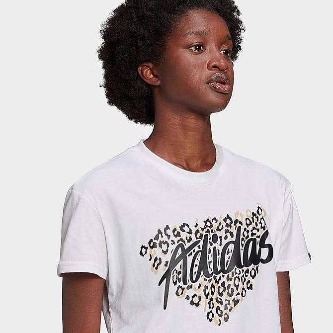 Back Right view of Women's adidas Leopard Graphic T-Shirt in White Click to zoom