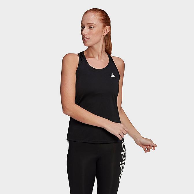 Front view of Women's adidas Designed To Move Three Stripes Sport Tank in Black Click to zoom