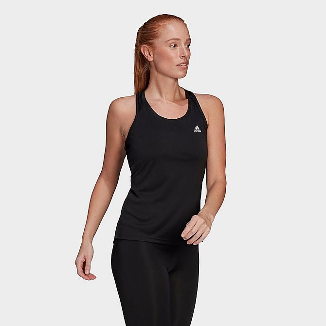 Back Left view of Women's adidas Designed To Move Three Stripes Sport Tank in Black Click to zoom