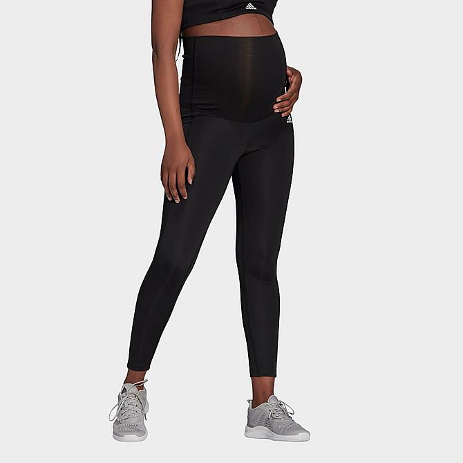 Front Three Quarter view of Women's adidas Designed 2 Move Cropped Sport Tights (Maternity) in Black/White Click to zoom