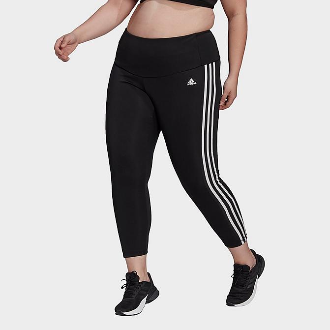 Front view of Women's adidas Designed To Move High-Rise 3-Stripes Cropped Training Tights (Plus Size) in Black/White Click to zoom
