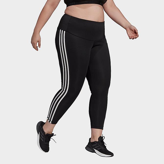 Front Three Quarter view of Women's adidas Designed To Move High-Rise 3-Stripes Cropped Training Tights (Plus Size) in Black/White Click to zoom