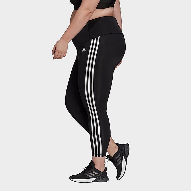 Back Left view of Women's adidas Designed To Move High-Rise 3-Stripes Cropped Training Tights (Plus Size) in Black/White Click to zoom