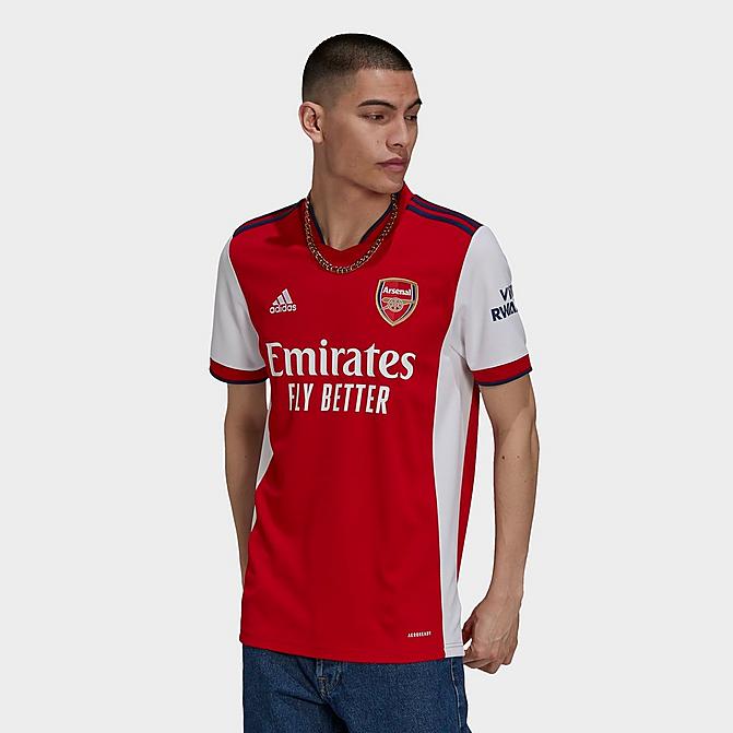 [angle] view of Men's adidas Arsenal 21-22 Home Soccer Jersey in White/Scarlet Click to zoom
