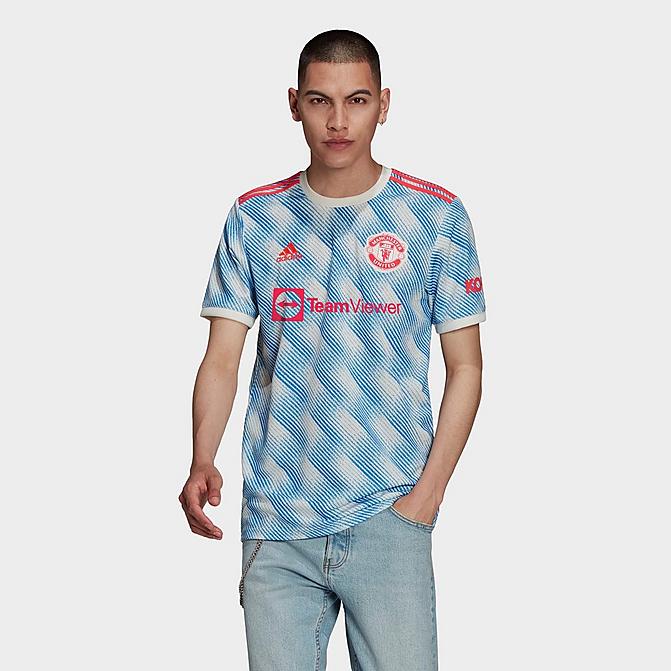 [angle] view of Men's adidas Manchester United 2021-22 Away Soccer Jersey in Cloud White Click to zoom