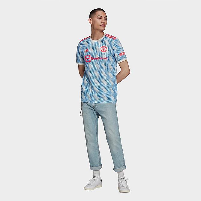 [angle] view of Men's adidas Manchester United 2021-22 Away Soccer Jersey in Cloud White Click to zoom