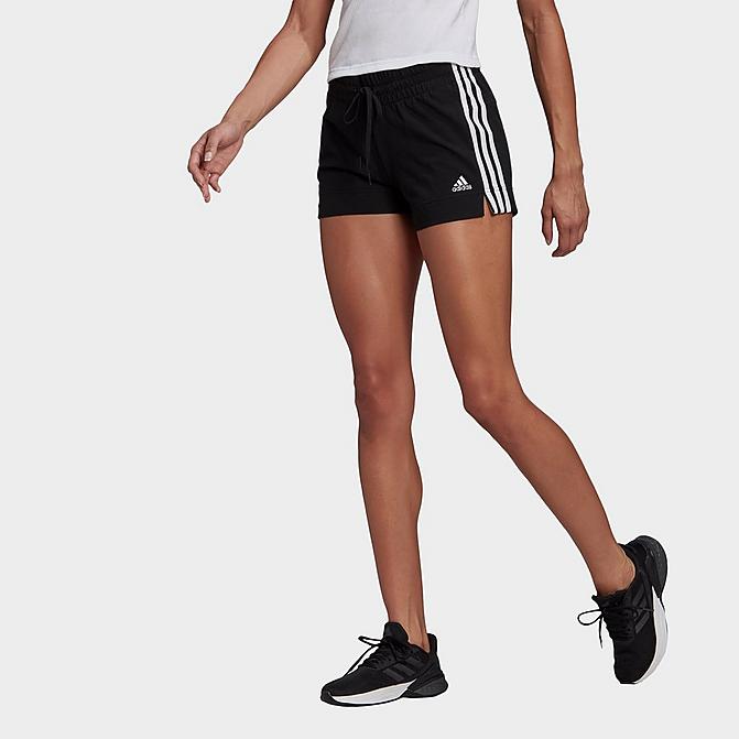 Front view of Women's adidas Essentials Slim 3-Stripes Shorts in Black/White Click to zoom