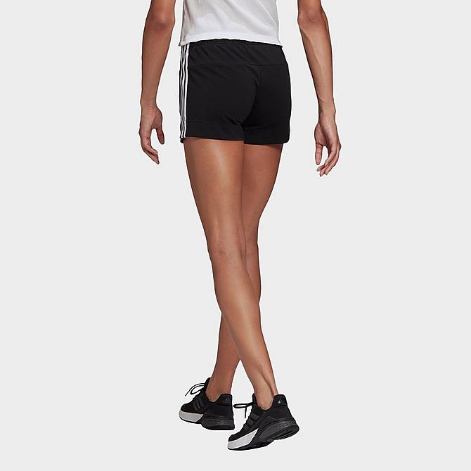 Front Three Quarter view of Women's adidas Essentials Slim 3-Stripes Shorts in Black/White Click to zoom