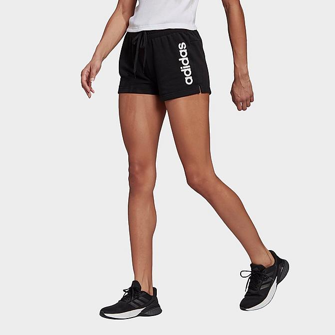 Front view of Women's adidas Essentials Slim Logo Shorts in Black/White Click to zoom