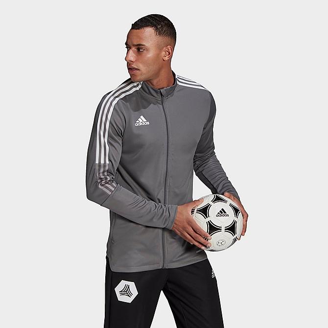Front Three Quarter view of Men's adidas Tiro 21 Track Jacket in Team Grey Four Click to zoom