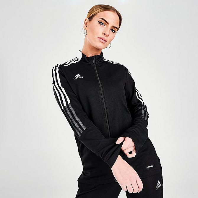 Front Three Quarter view of Women's adidas Tiro 21 Track Jacket in Black Click to zoom