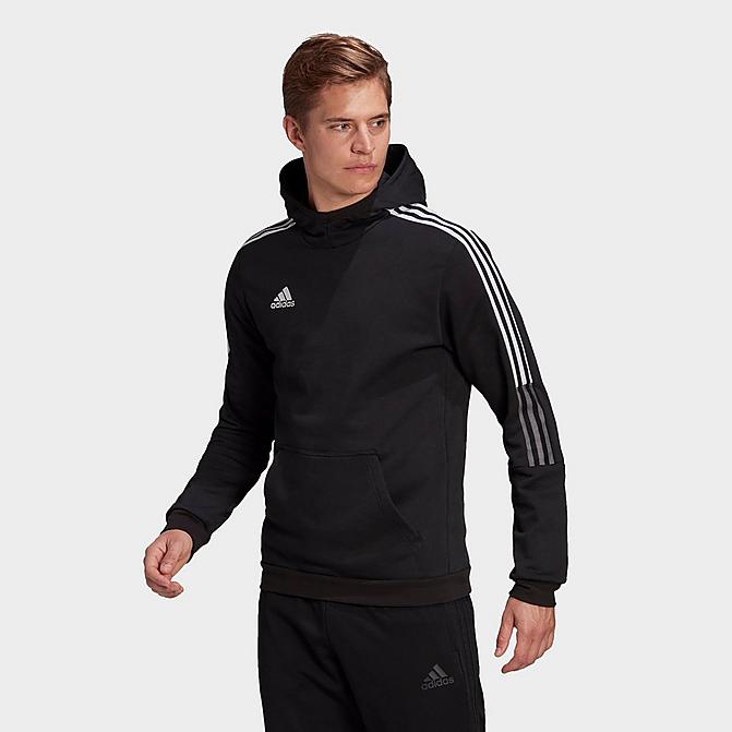 Front view of Men's adidas Tiro 21 Hoodie in Black/Black/White Click to zoom