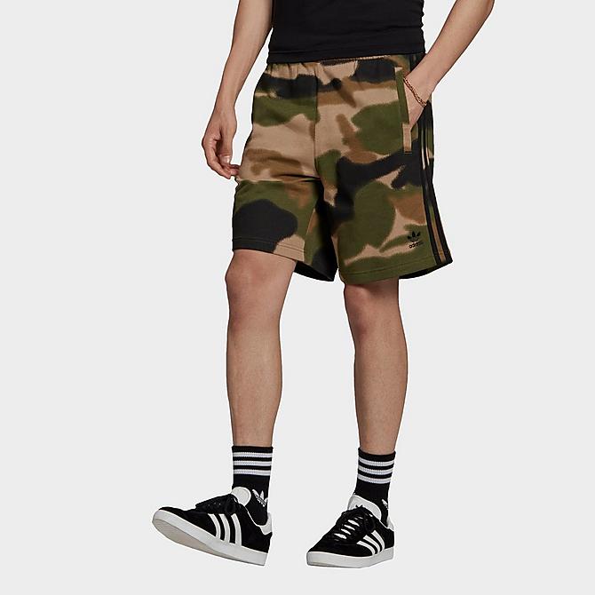 Front Three Quarter view of Men's adidas Originals Camo 3-Stripes Shorts in Wild Pine/Multicolor/Black Click to zoom