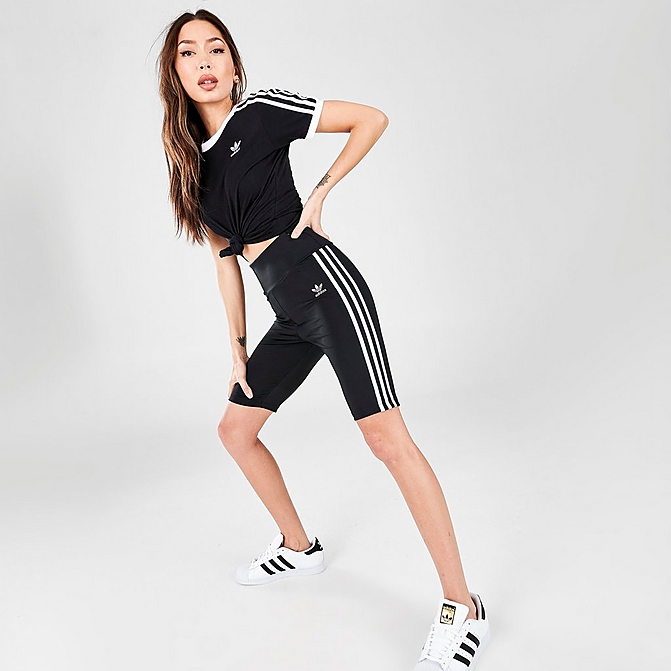 Front view of Women's adidas Originals Adicolor Classics Primeblue High Waisted Short Tights in Black Click to zoom