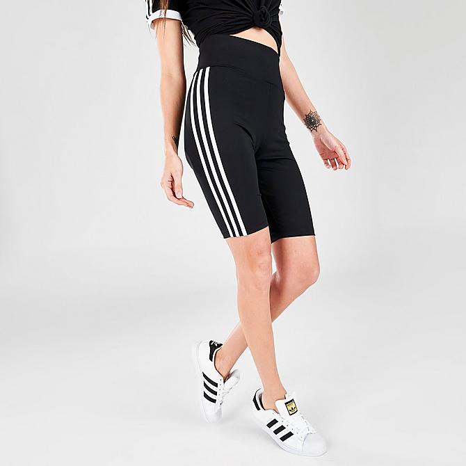 Back Left view of Women's adidas Originals Adicolor Classics Primeblue High Waisted Short Tights in Black Click to zoom