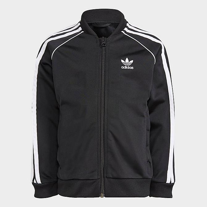 Front Three Quarter view of Toddler and Little Kids' adidas Originals Adicolor SST Track Suit in Black/White Click to zoom