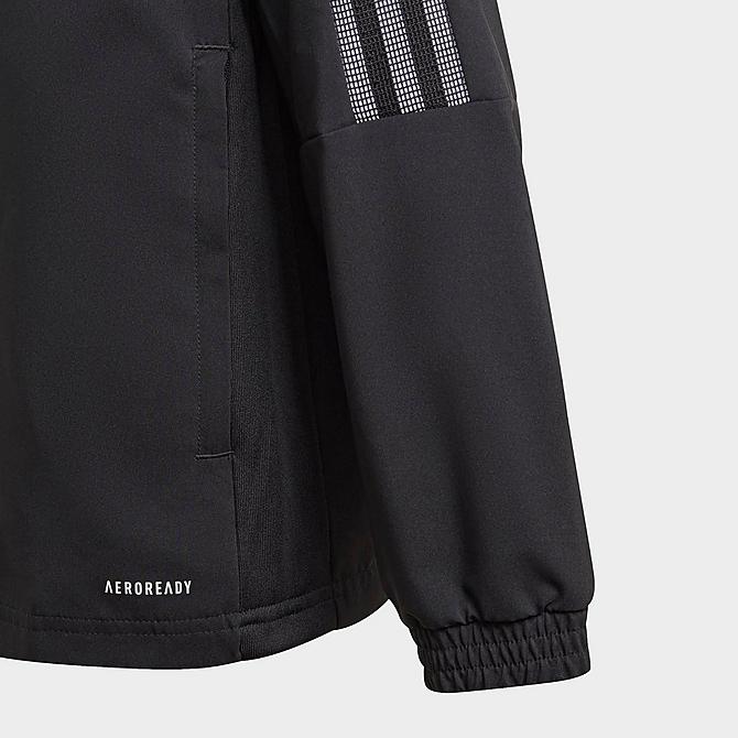 Back Right view of Kids' adidas Tiro 21 Soccer Windbreaker Jacket in Black Click to zoom