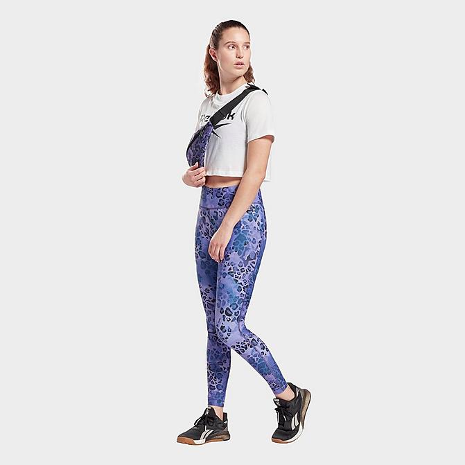 Front view of Women's Reebok Modern Safari Lux Bold Training Tights in Vector Navy/Hyper Purple Click to zoom