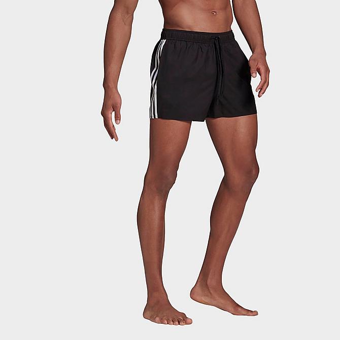 Front Three Quarter view of Men's adidas Classic 3-Stripes Swim Shorts in Black/White Click to zoom