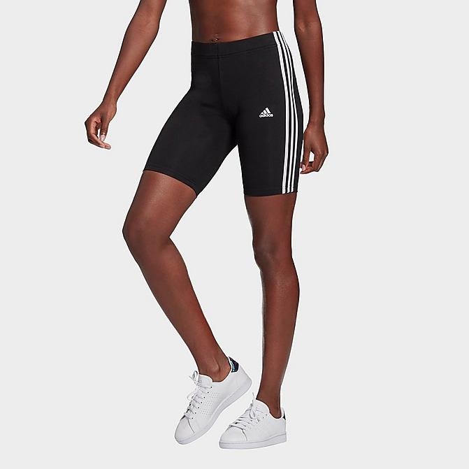 Front view of Women's adidas Essentials 3-Stripes Bike Shorts in Black/White Click to zoom