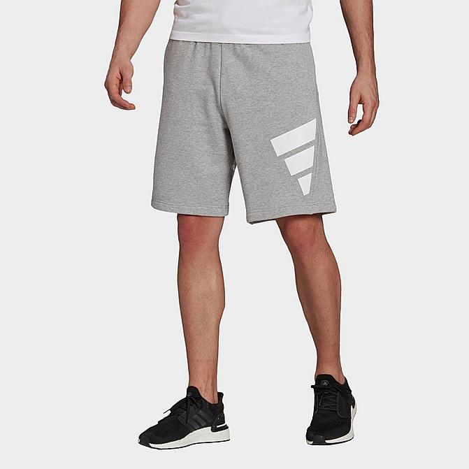 Front view of Men's adidas Sportswear Future Icons 3 Bar Graphic Shorts in Medium Grey Heather/White Click to zoom