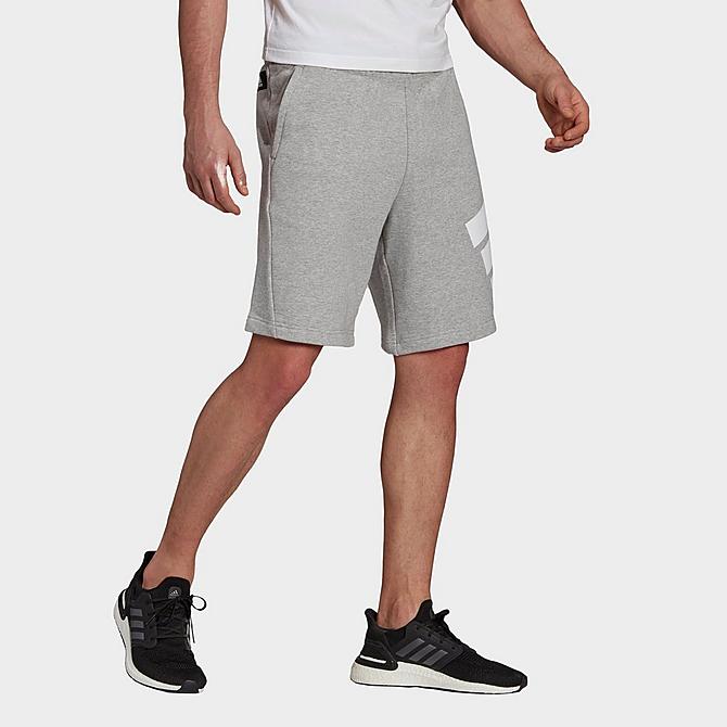 Front Three Quarter view of Men's adidas Sportswear Future Icons 3 Bar Graphic Shorts in Medium Grey Heather/White Click to zoom