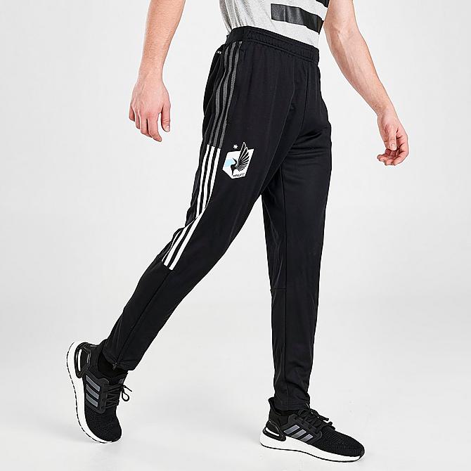 [angle] view of Men's adidas Minnesota United FC Travel Pants in Black/White Click to zoom