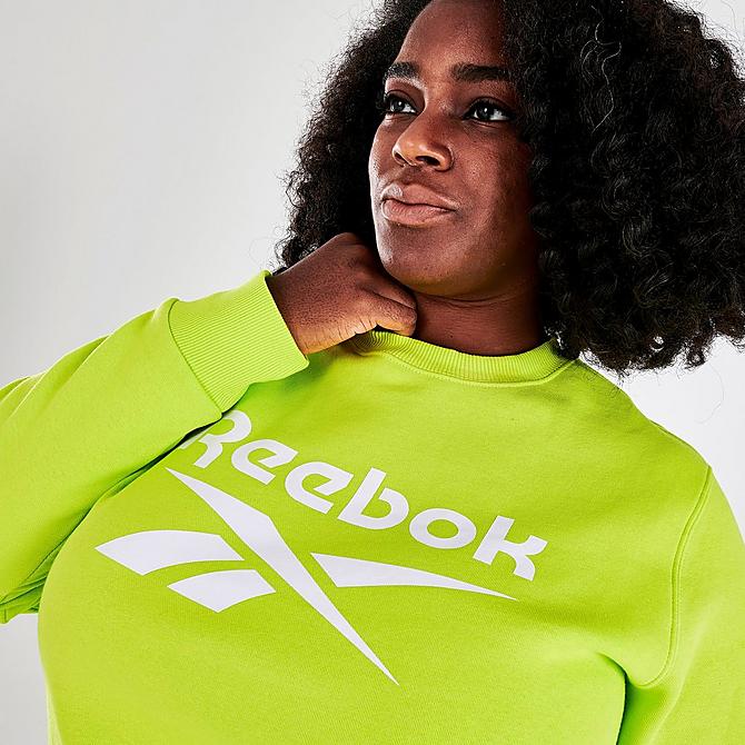 On Model 5 view of Women's Reebok Identity Logo Fleece Crew Sweatshirt (Plus Size) in Acid Yellow/White Click to zoom