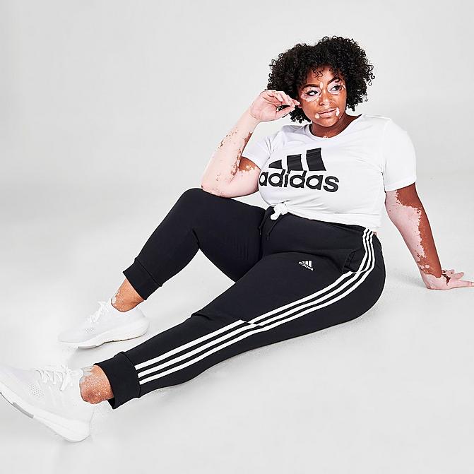 Front view of Women's adidas Essentials 3-Stripes Fleece Jogger Pants (Plus Size) in Black/White Click to zoom