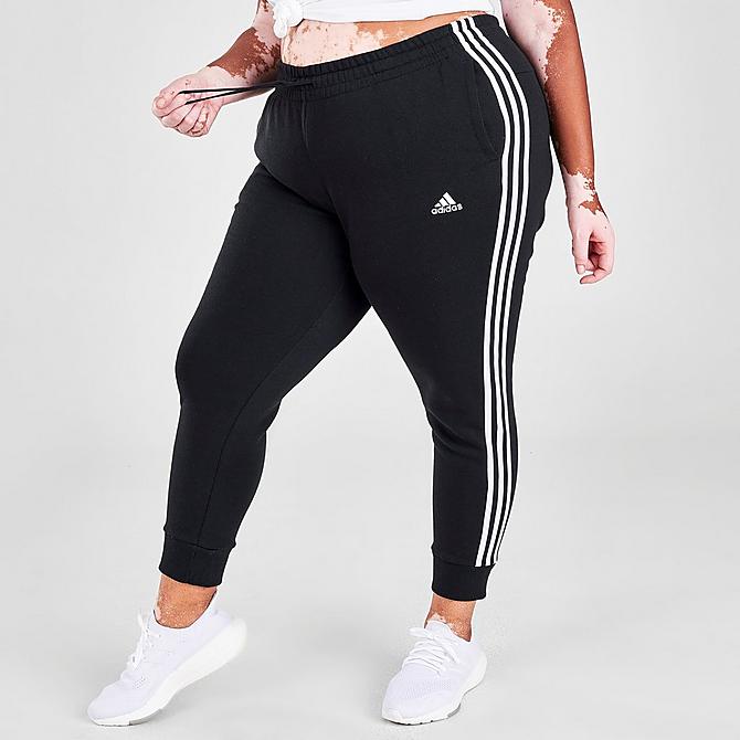 Back Left view of Women's adidas Essentials 3-Stripes Fleece Jogger Pants (Plus Size) in Black/White Click to zoom