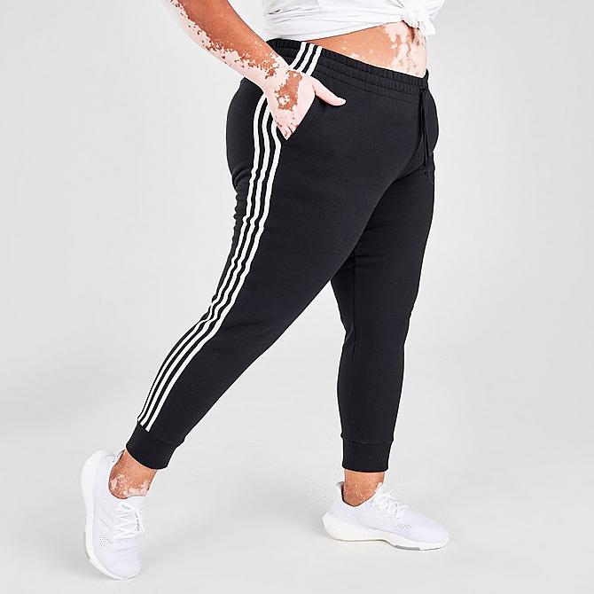 Back Right view of Women's adidas Essentials 3-Stripes Fleece Jogger Pants (Plus Size) in Black/White Click to zoom