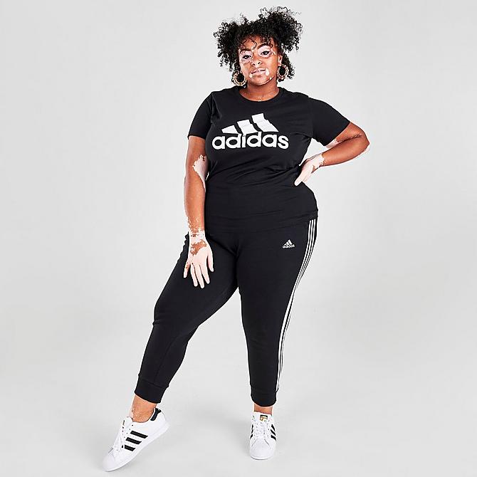 Front Three Quarter view of Women's adidas Essentials Logo T-Shirt (Plus Size) in Black/White Click to zoom