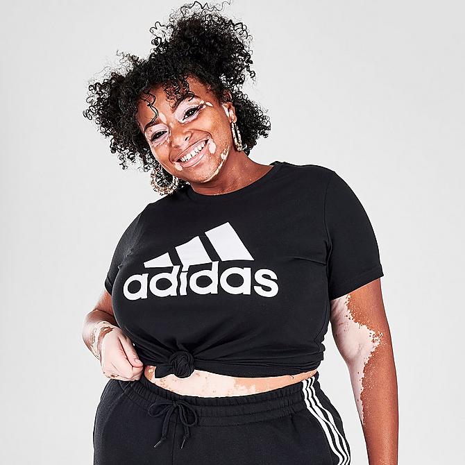 Back Right view of Women's adidas Essentials Logo T-Shirt (Plus Size) in Black/White Click to zoom