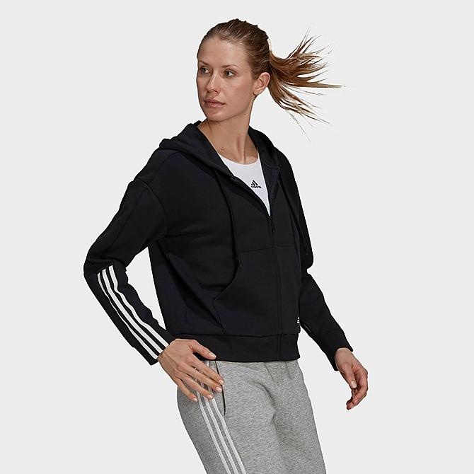 Back Left view of Women's adidas Essentials 3-Stripes Full-Zip Hoodie in Black/White Click to zoom