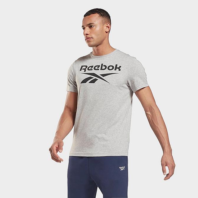 Front view of Men's Reebok Stacked Series Graphic T-Shirt in Medium Grey Heather/Black Click to zoom