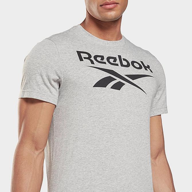 Back Right view of Men's Reebok Stacked Series Graphic T-Shirt in Medium Grey Heather/Black Click to zoom