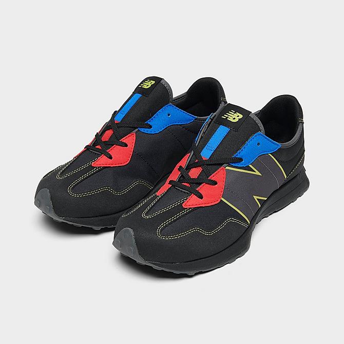 Three Quarter view of Big Kids' New Balance 327 Casual Shoes in Black/Red/Blue Click to zoom