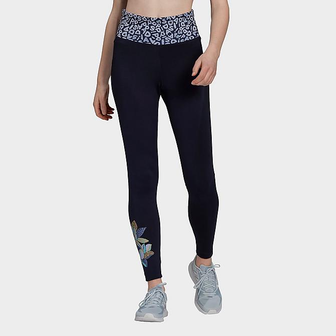 Front view of Women's adidas x FARM Rio Feel Brilliant Print High-Rise Training Tights in Legend Ink Click to zoom