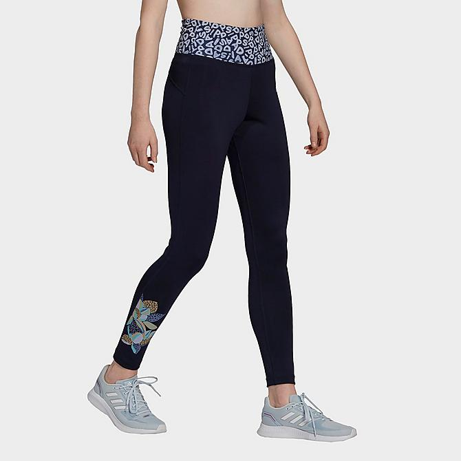 Front Three Quarter view of Women's adidas x FARM Rio Feel Brilliant Print High-Rise Training Tights in Legend Ink Click to zoom