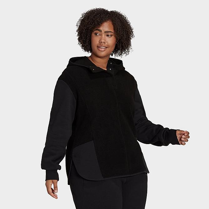 Front Three Quarter view of Women's adidas Essentials Golden Logo Sherpa Hoodie (Plus Size) in Black/Gold Metallic Click to zoom