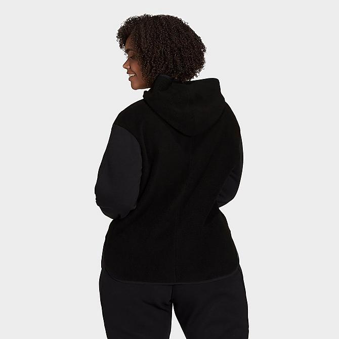 Back Left view of Women's adidas Essentials Golden Logo Sherpa Hoodie (Plus Size) in Black/Gold Metallic Click to zoom