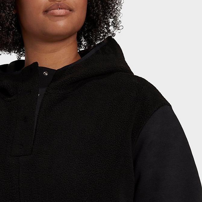 On Model 5 view of Women's adidas Essentials Golden Logo Sherpa Hoodie (Plus Size) in Black/Gold Metallic Click to zoom